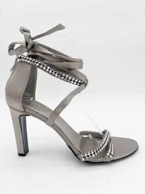 Gucci 2004 Tom Ford Silver Silk Crystal Strap Ankle Wrap Tie Heels Sandals US 8